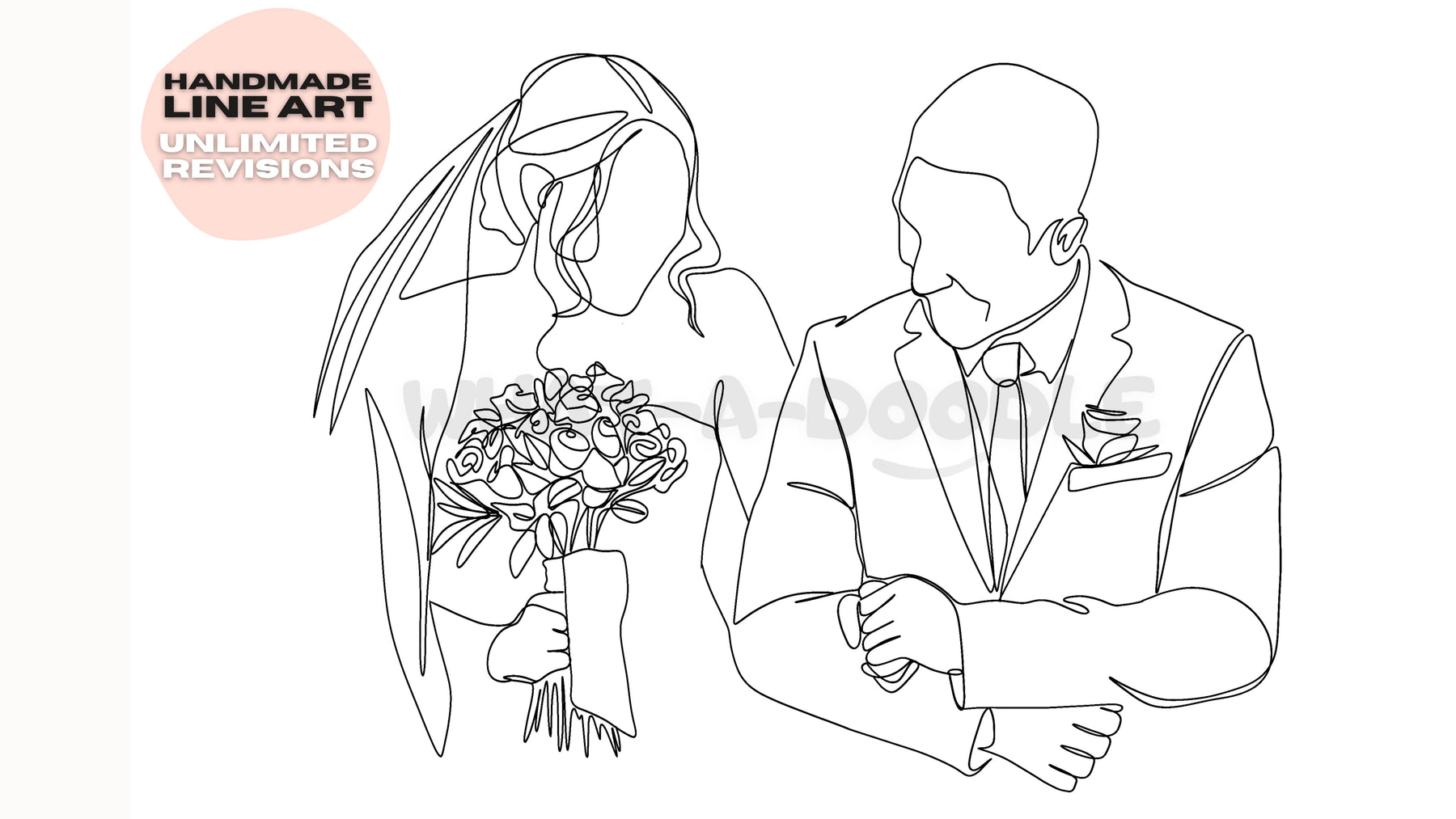 Digital line art of a newlywed couple.