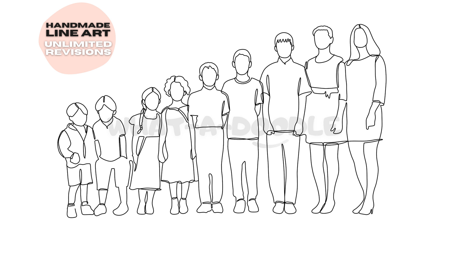 Digital line art of a family portrait of nine kids.