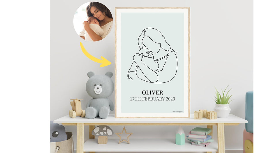 Custom line art poster of a mom holding her baby. The poster has a title with the baby's name and a subtitle with the baby's birthdate.