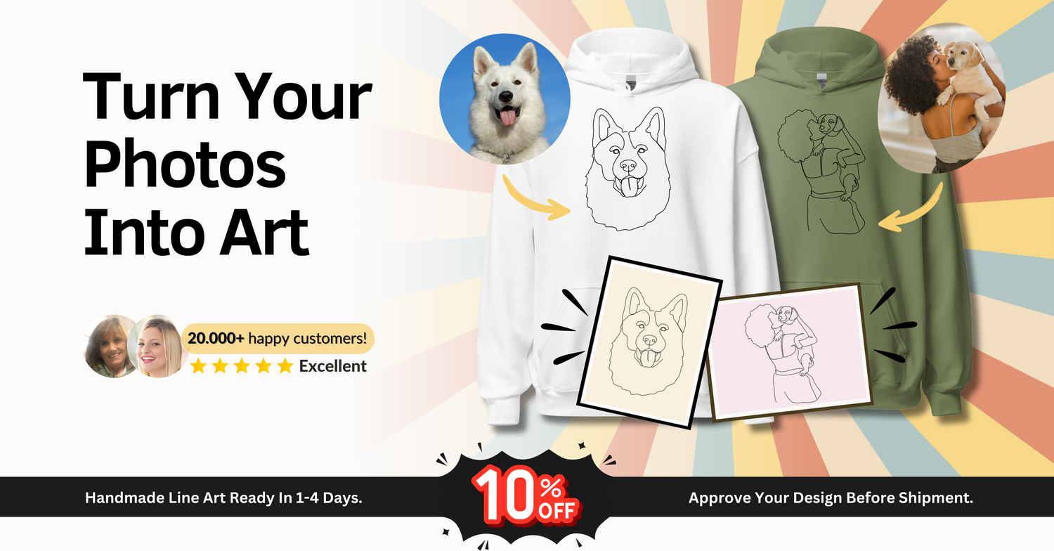 Turn your photos into line art. Get you custom embroidered hoodie, sweatshirt, kids hoodie, and pets hoodie! Printed custom line art is also available.