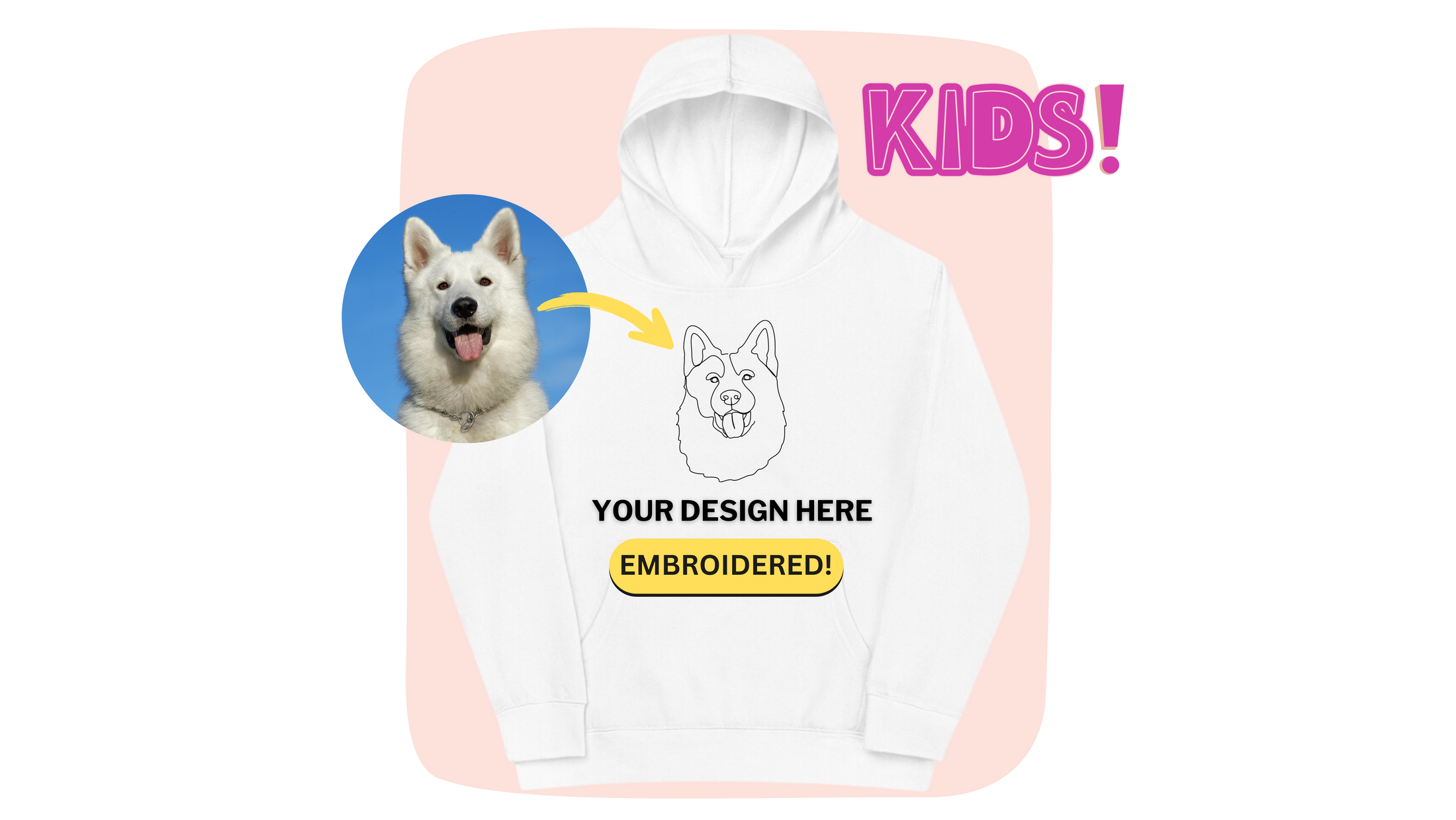 Sample mockup of a custom embroidered kids hoodie with line art of a dog.