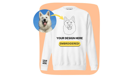 Sample mockup of a custom embroidered adults sweatshirt with line art of a dog.