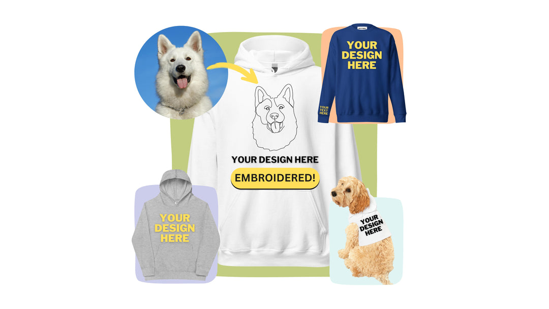 Custom embroidered clothing catalog. What-A-Doodle sells custom embroidered adult hoodies, custom embroidered adult sweatshirts, custom embroidered kids hoodies, and custom pet hoodies.