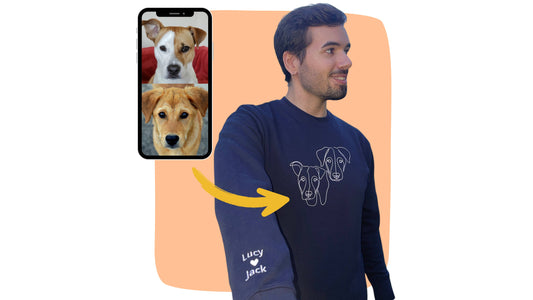 Sample mockup of a man wearing a custom embroidered adults sweatshirt with line art of dogs.