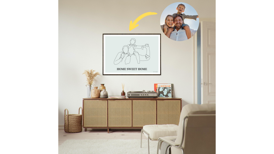 Custom printed line art poster of a happy family on the wall of a living room.