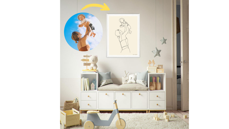 Custom printed line art of a mom holding her kid in the air. The poster is framed on the wall of the baby's bedroom, and toys are on the floor.