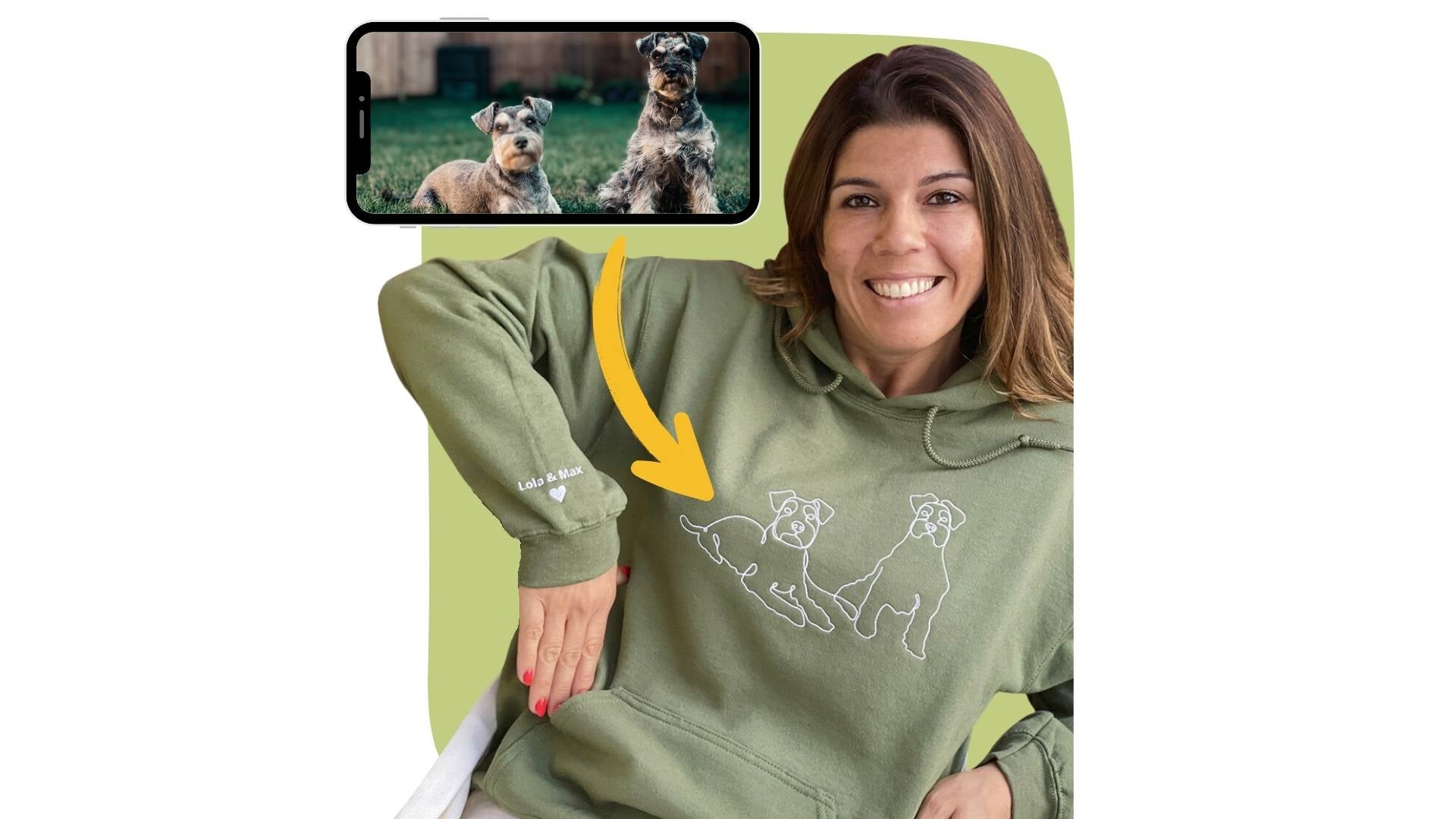 Sample mockup of a woman wearing a custom embroidered adults hoodie with line art of two dogs.