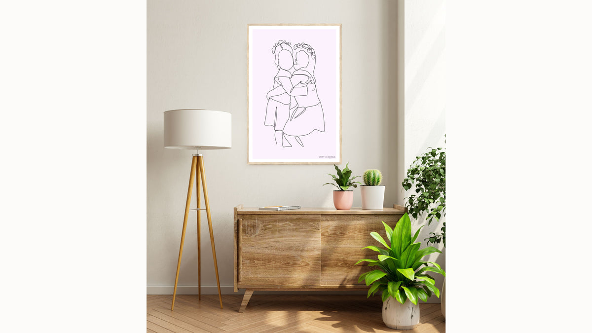Custom printed poster of two kids with a light pink background on the wall of a living room. The product is the end result of the preferences selected by the client.