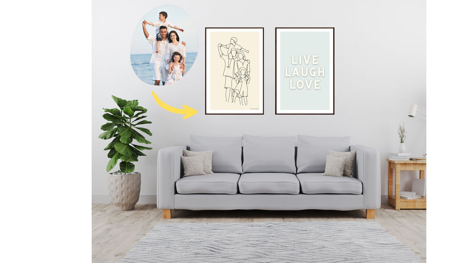 Custom printed line art poster on the wall in a living room.