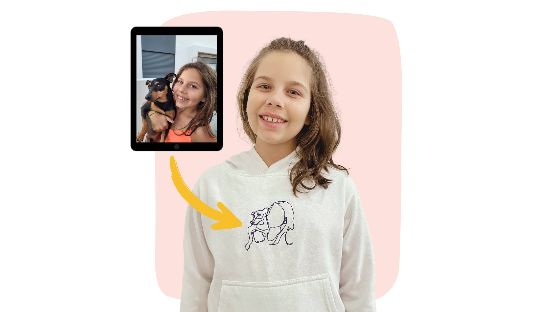 Sample mockup of a girl wearing a custom embroidered kids hoodie with line art of her holding a dog.