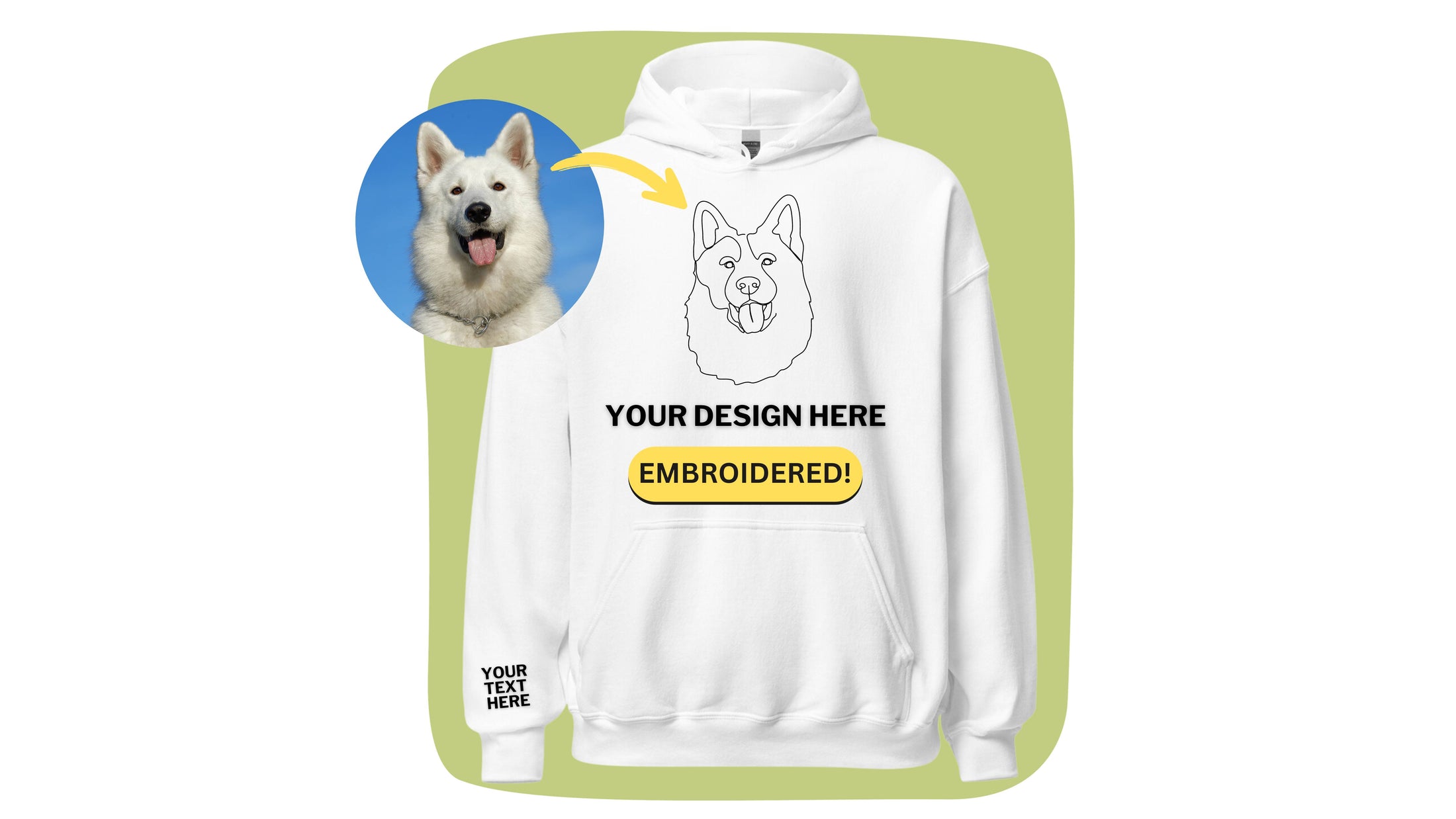 Sample mockup of a custom embroidered adults hoodie with line art of a dog.