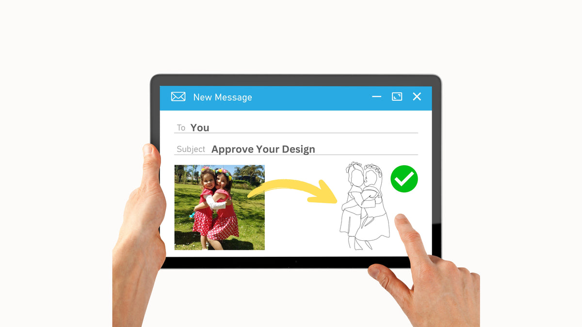 Two hands holding a tablet opening an e-mail from What-A-Doodle with a design proof to preview the line art designed from the client's uploaded photo. The customer is approving the artwork.