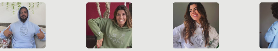 Customers carousel presenting joyful people and a happy dog wearing custom line art hoodies and custom line art sweatshirts. Every clothing product has a different design based on photos uploaded by the clients.