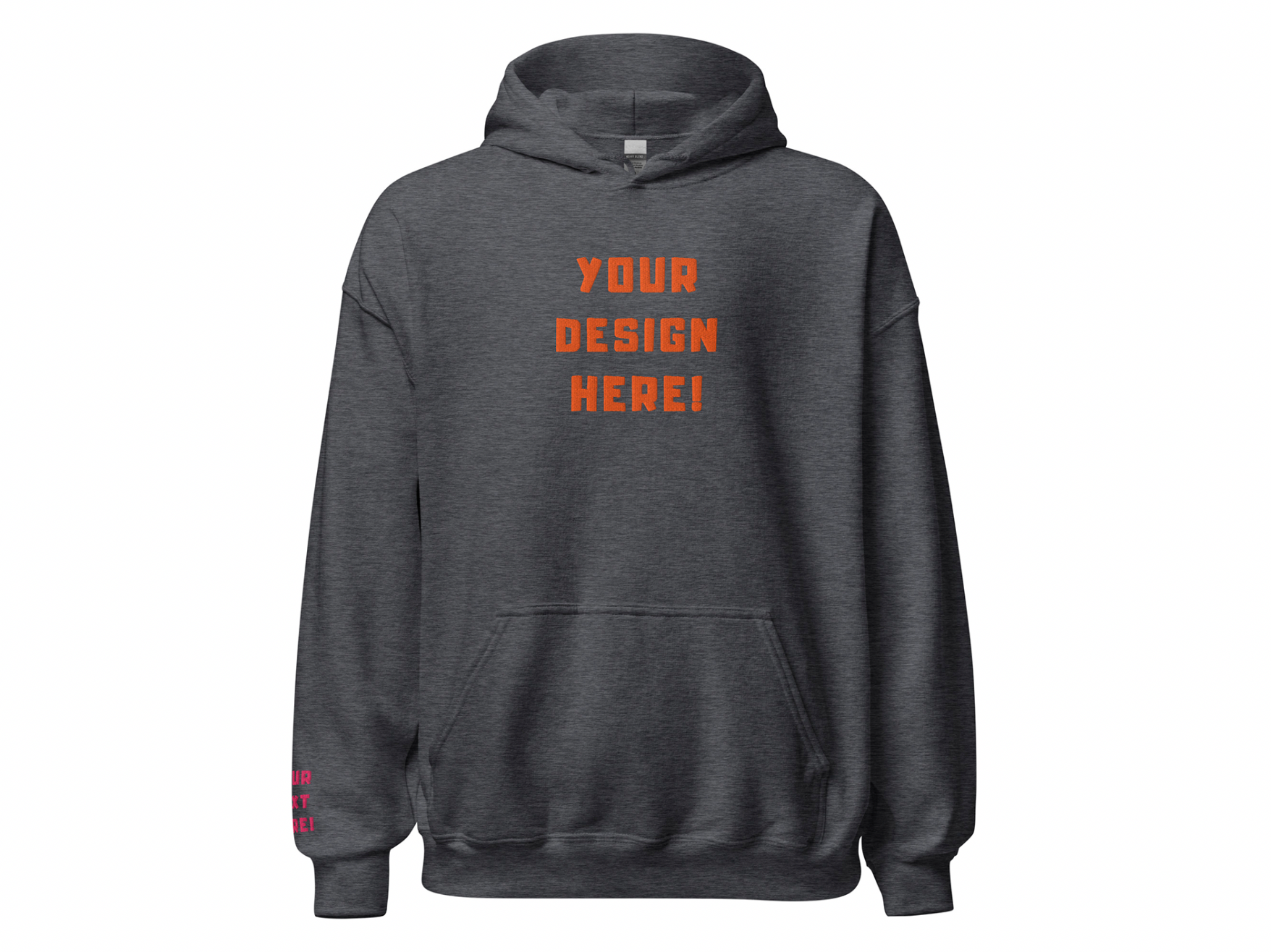 Custom adults embroidered dark heather hoodie. Sleeve text is customizable. 