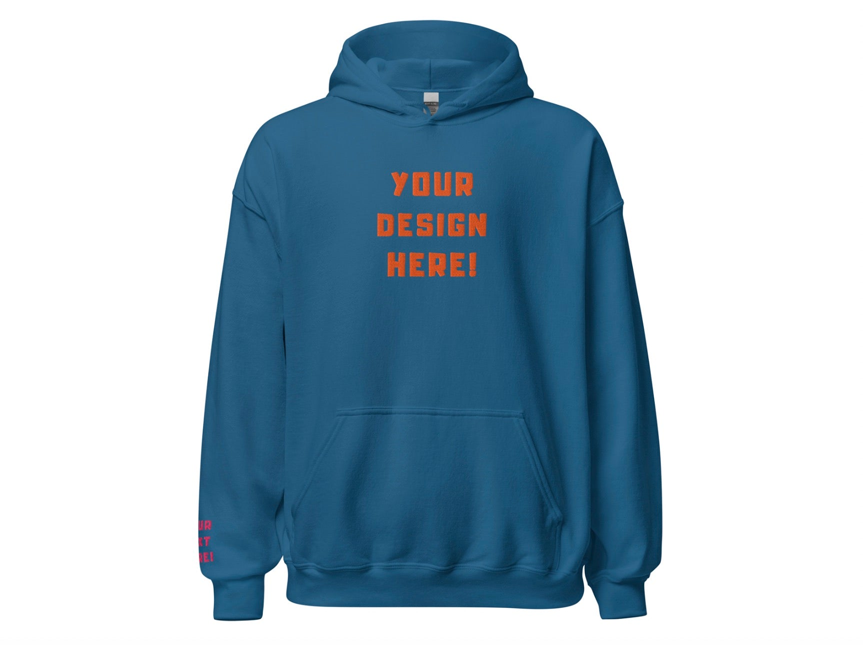 Custom adults embroidered indigo blue hoodie. Sleeve text is customizable. 