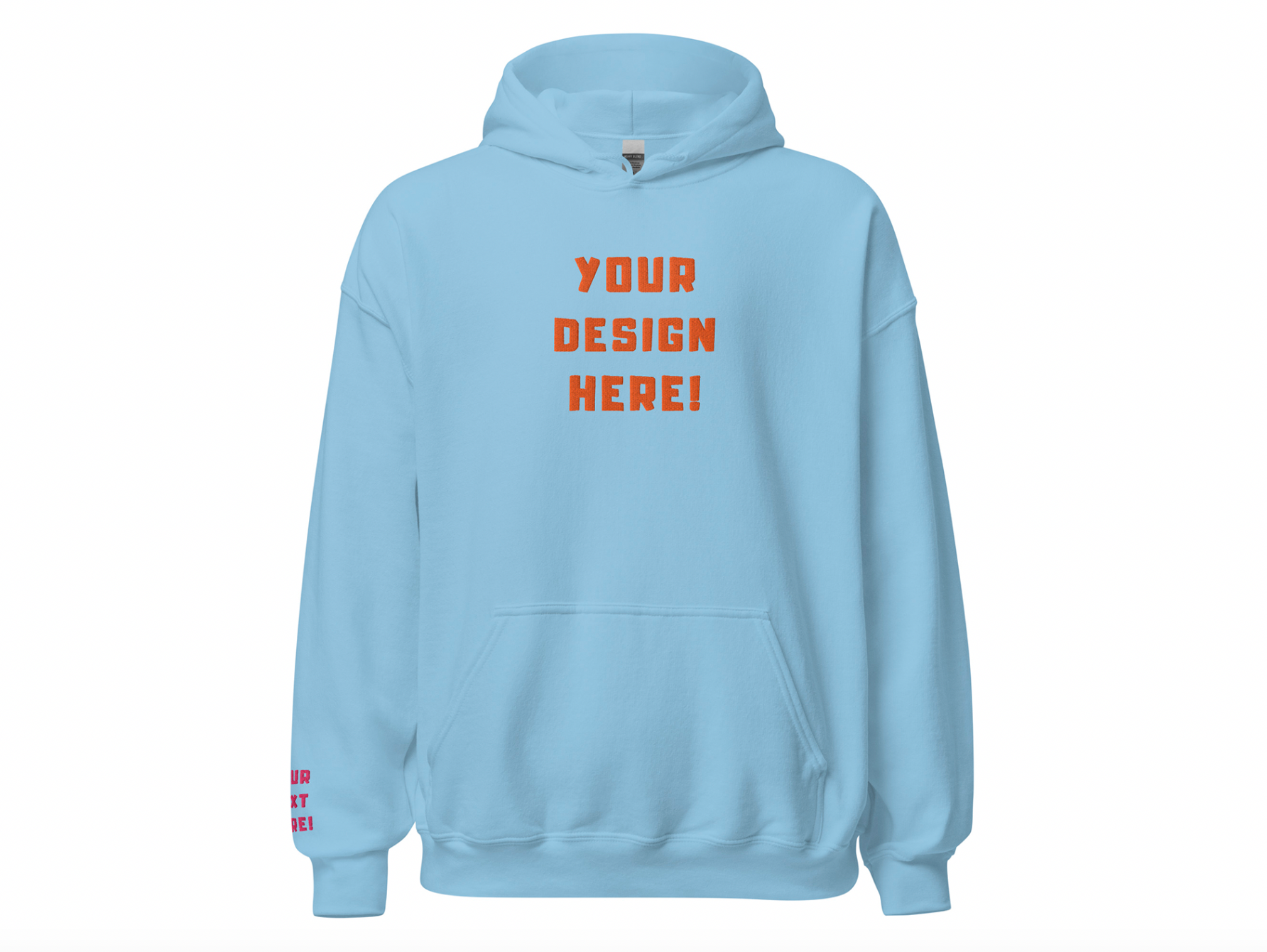 Custom adults embroidered light blue hoodie. Sleeve text is customizable. 
