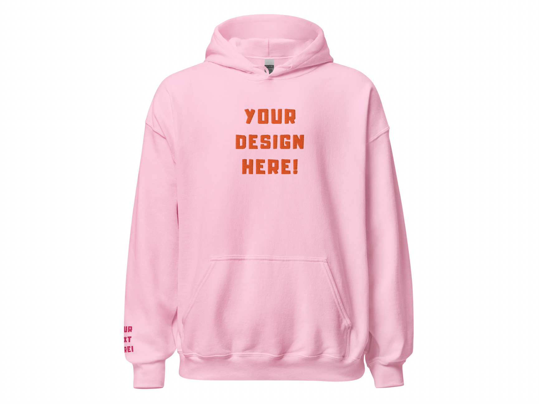 Custom adults embroidered light pink hoodie. Sleeve text is customizable. 