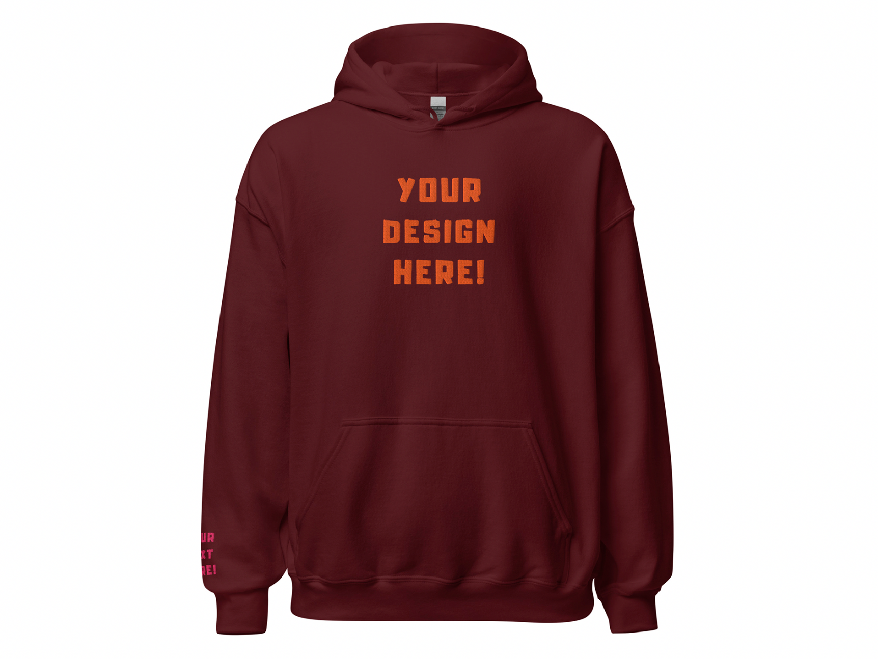 Custom adults embroidered maroon hoodie. Sleeve text is customizable. 