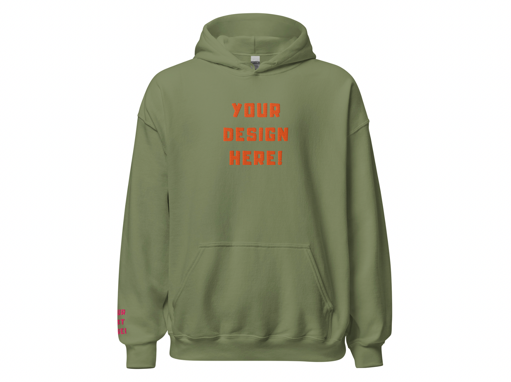 Custom adults embroidered military green hoodie. Sleeve text is customizable. 
