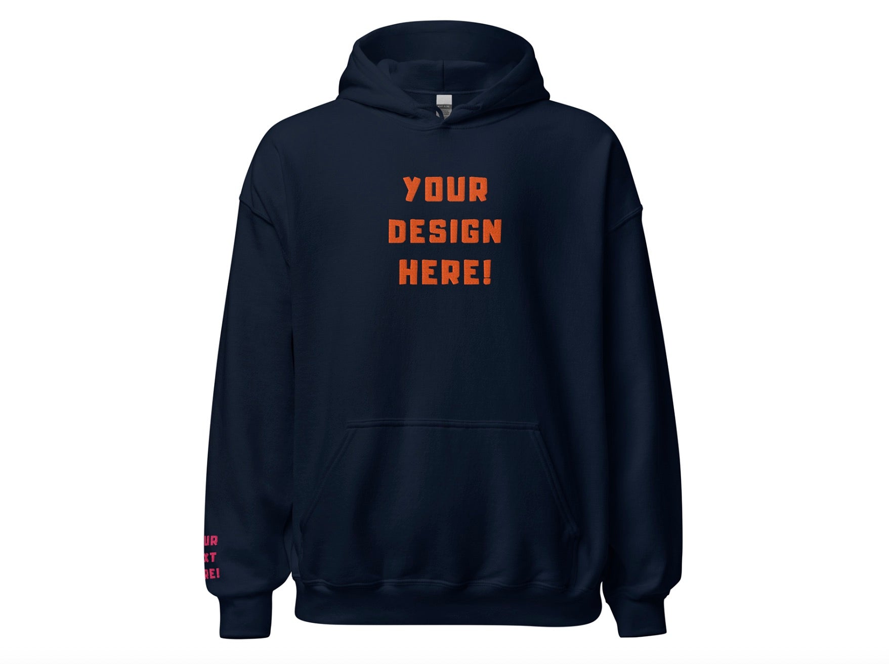 Custom adults embroidered navy hoodie. Sleeve text is customizable. 