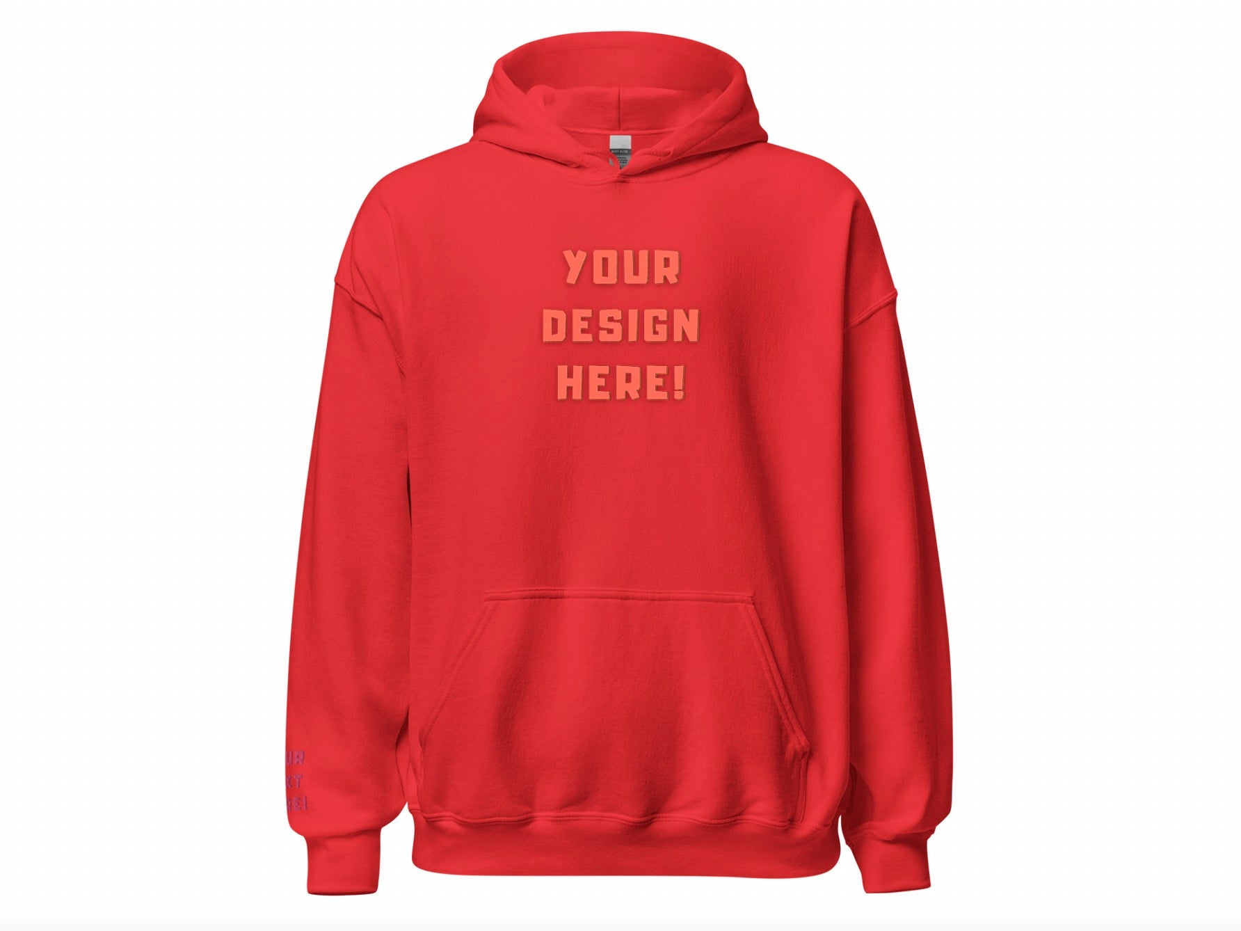 Custom adults embroidered red hoodie. Sleeve text is customizable. 