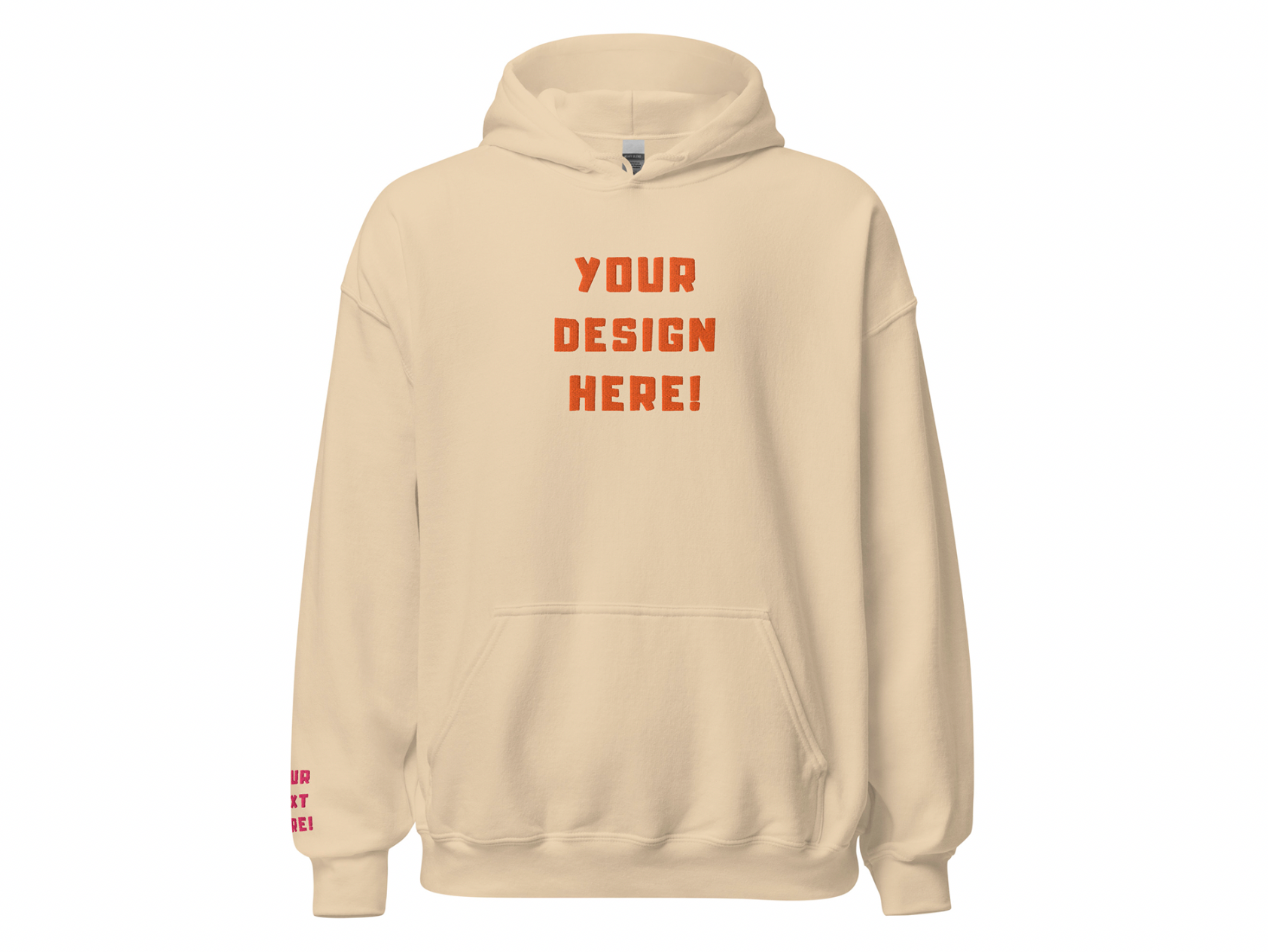Custom adults embroidered sand hoodie. Sleeve text is customizable. 