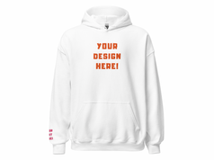 Custom adults embroidered white hoodie. Sleeve text is customizable. 