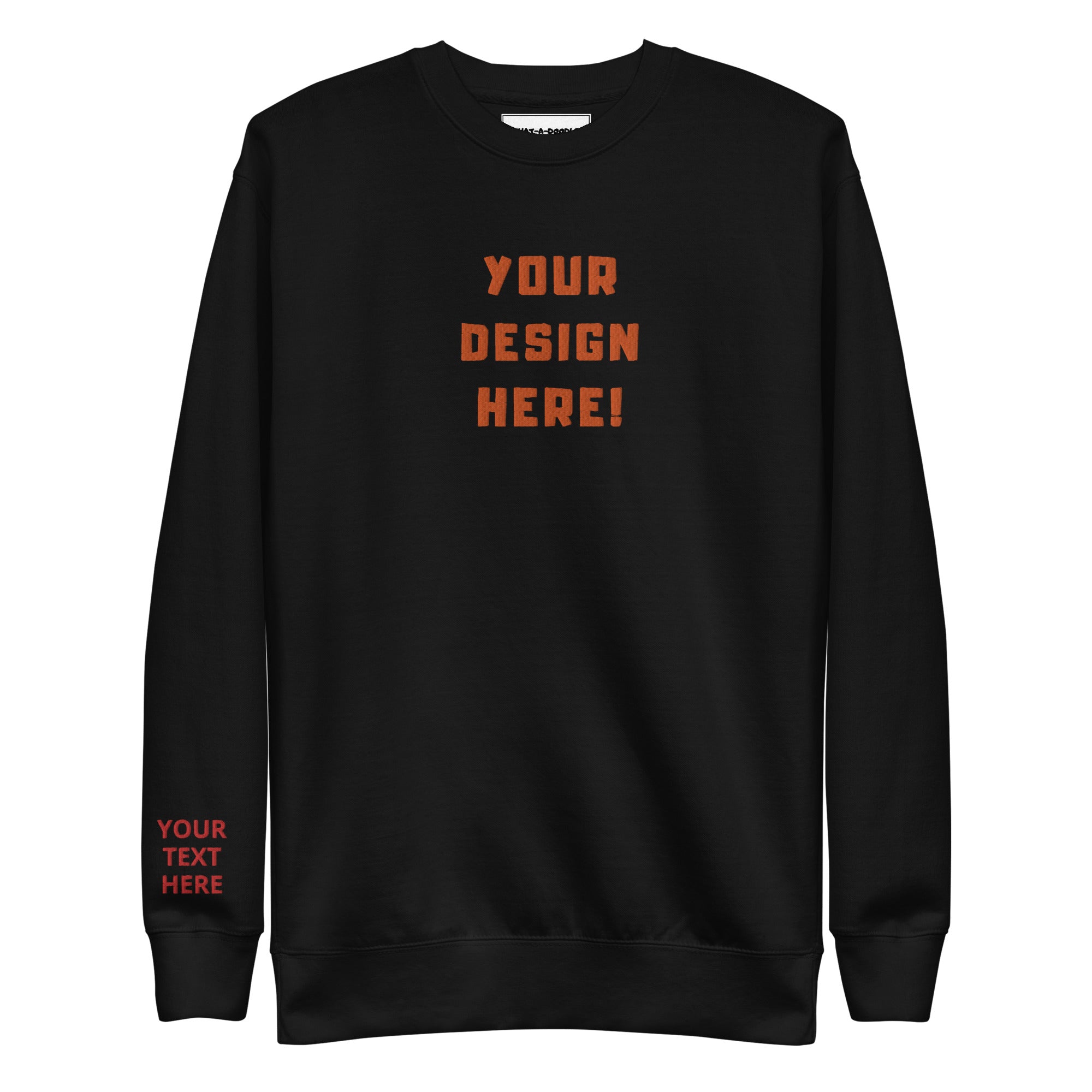 Custom adults embroidered black sweatshirt. Sleeve text is customizable. 