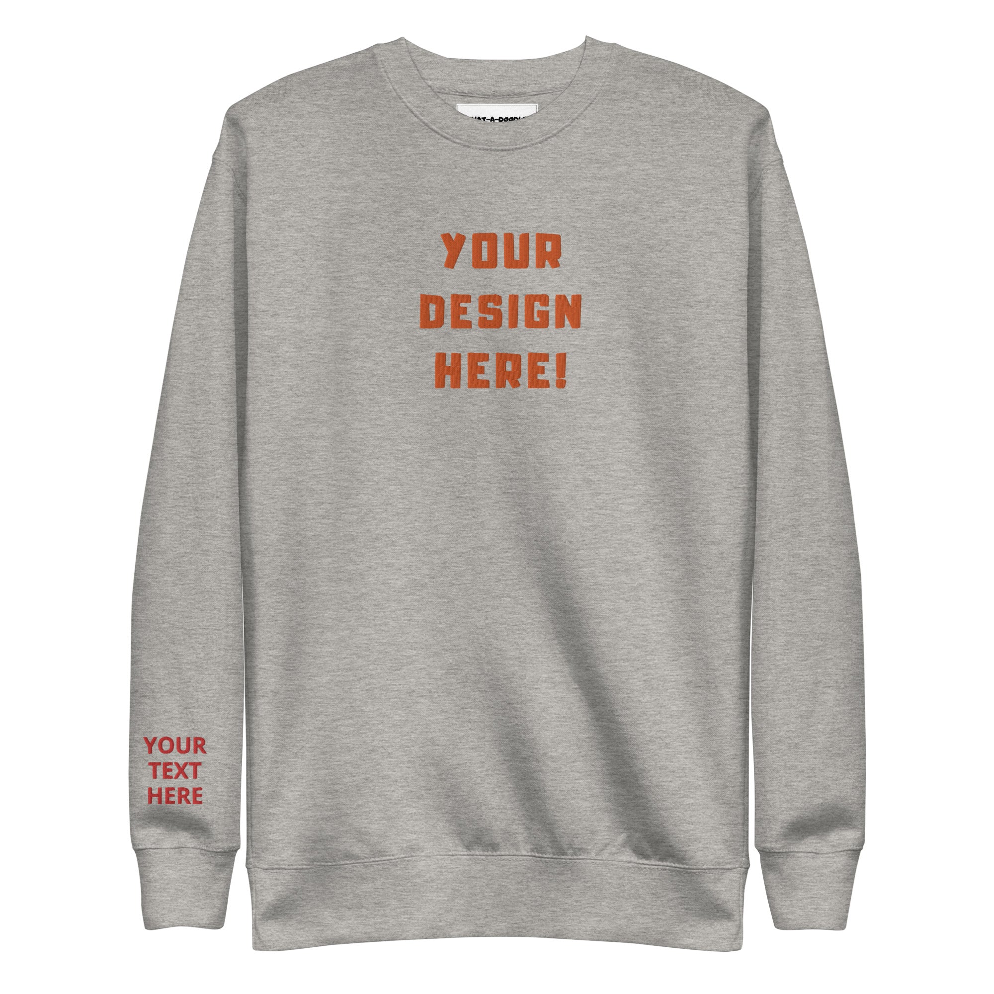 Custom adults embroidered carbon grey sweatshirt. Sleeve text is customizable. 