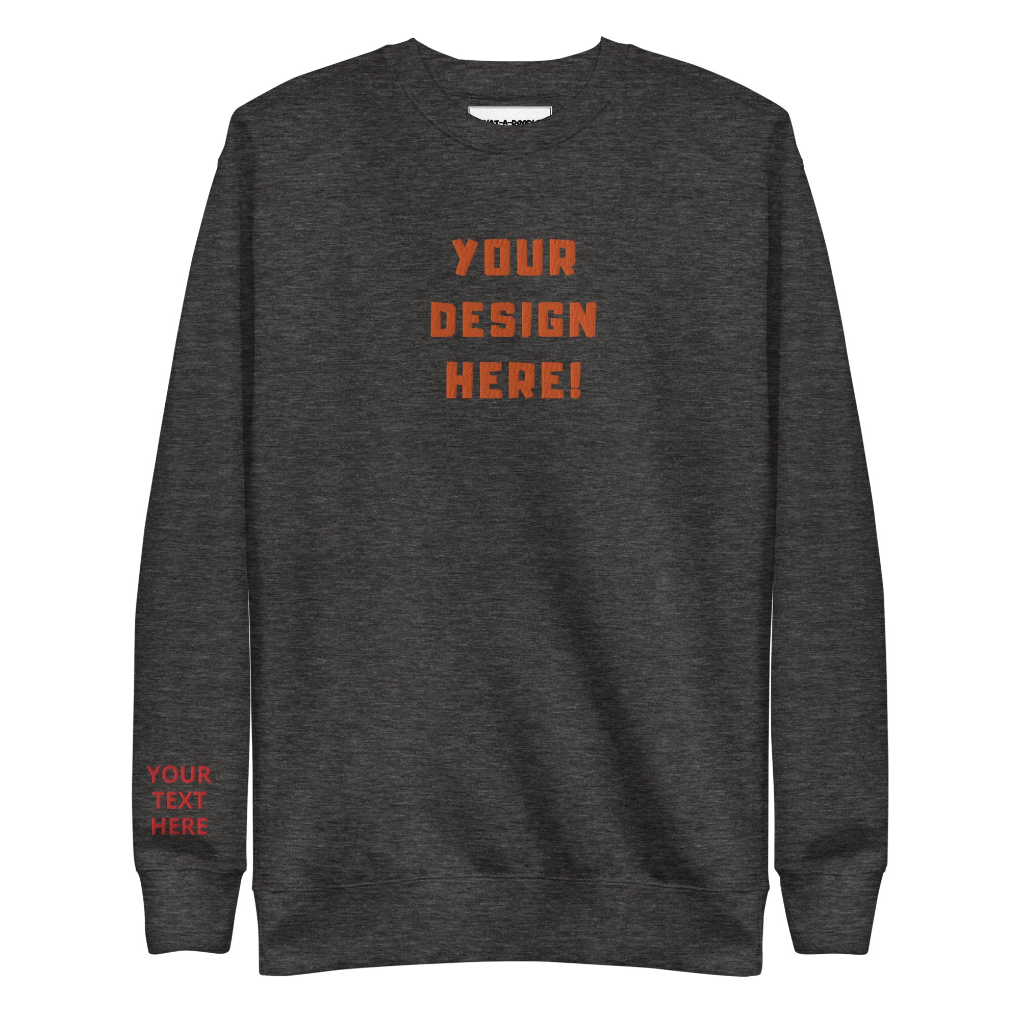 Custom adults embroidered charcoal sweatshirt. Sleeve text is customizable. 