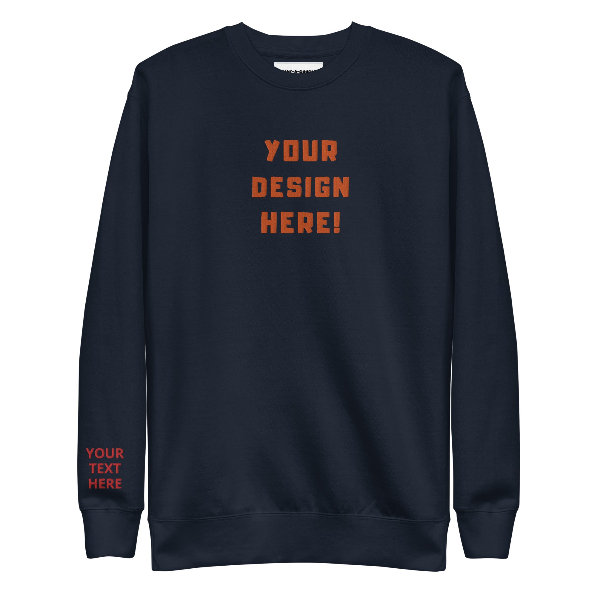 Custom adults embroidered navy sweatshirt. Sleeve text is customizable. 