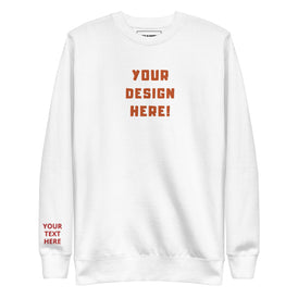 Custom adults embroidered white sweatshirt. Sleeve text is customizable. 